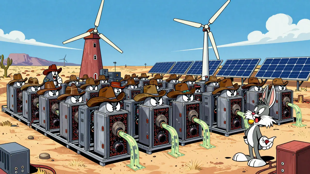 Industrial ASIC mining machines with cowboy hats in a sunny Texas landscape