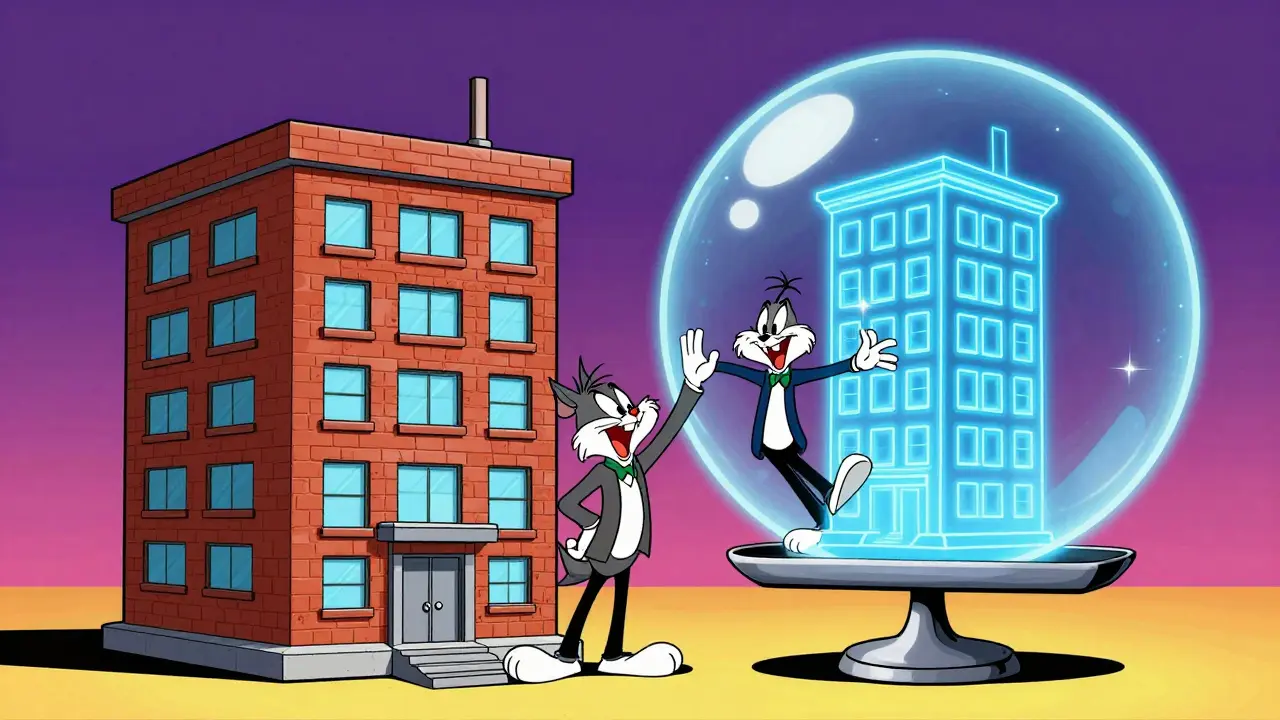 Looney Tunes style comparison of a real building and its digital twin hologram