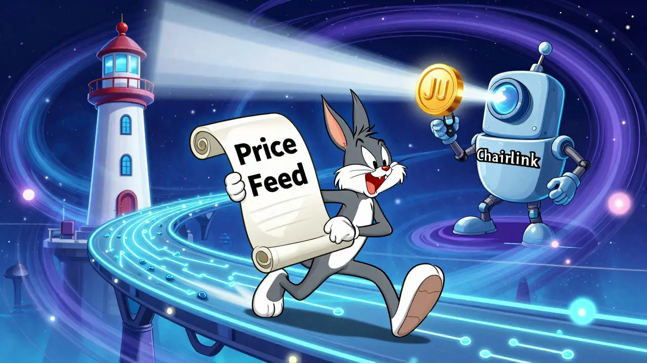 Manic cartoon character carrying a price feed scroll across a high-tech digital bridge.