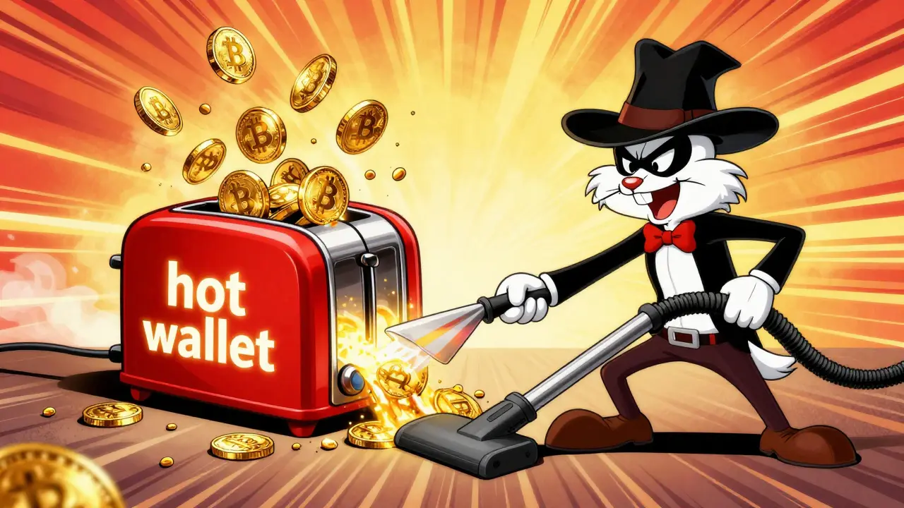 Mischievous cartoon hacker vacuuming coins out of a glowing hot toaster wallet.
