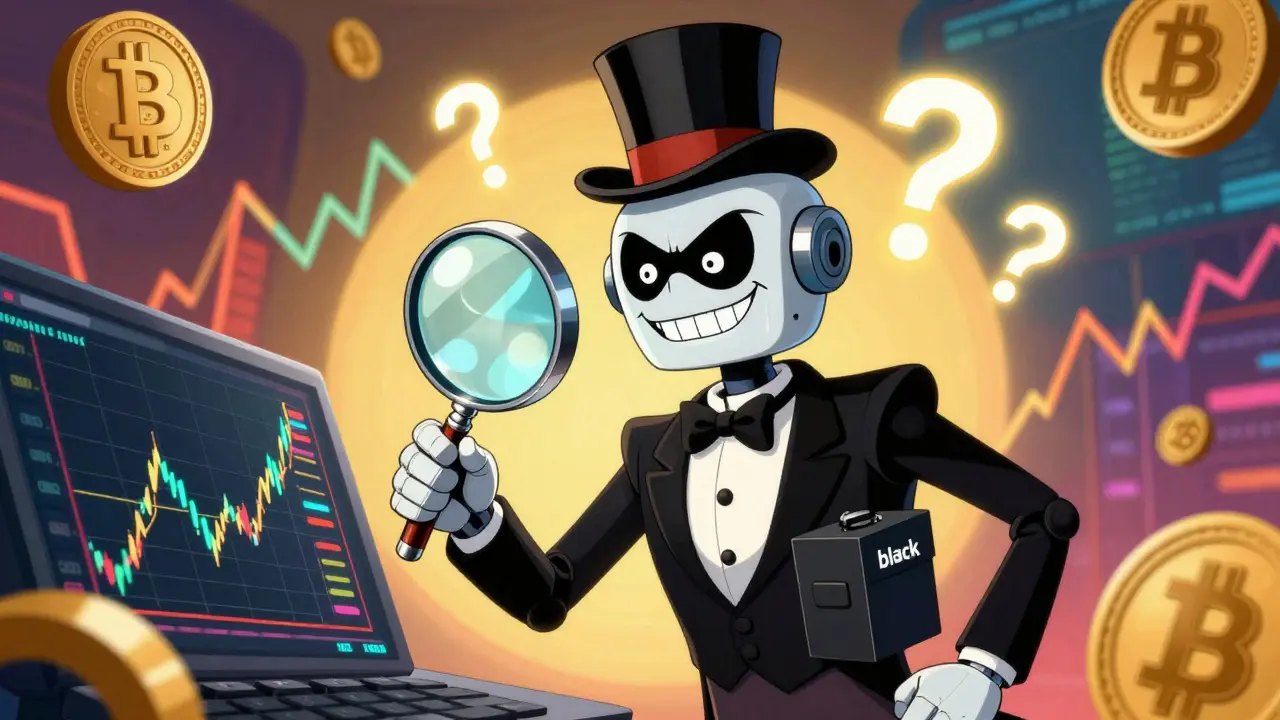 Mischievous robot with a black box chest analyzing a crypto chart in a whimsical style.