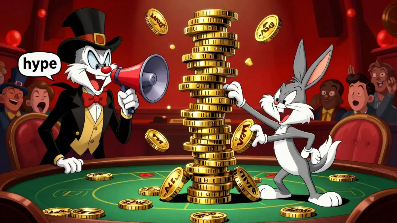 Nervous character betting on a wobbling tower of AMEP coins in a chaotic scene.