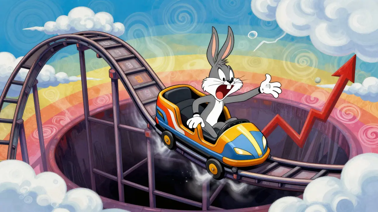 Panic-stricken cartoon character on a roller coaster shaped like a crashing price chart.