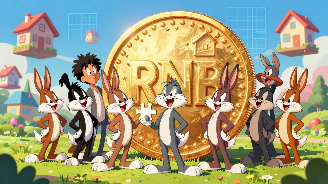 Quirky characters holding a giant RNB token and a puzzle piece of a luxury house.