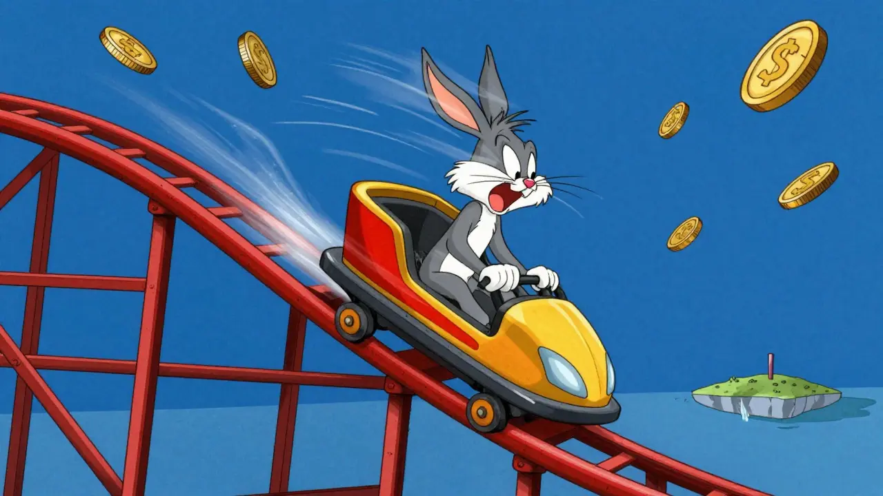 Shocked character plummeting down a red financial chart on a rollercoaster