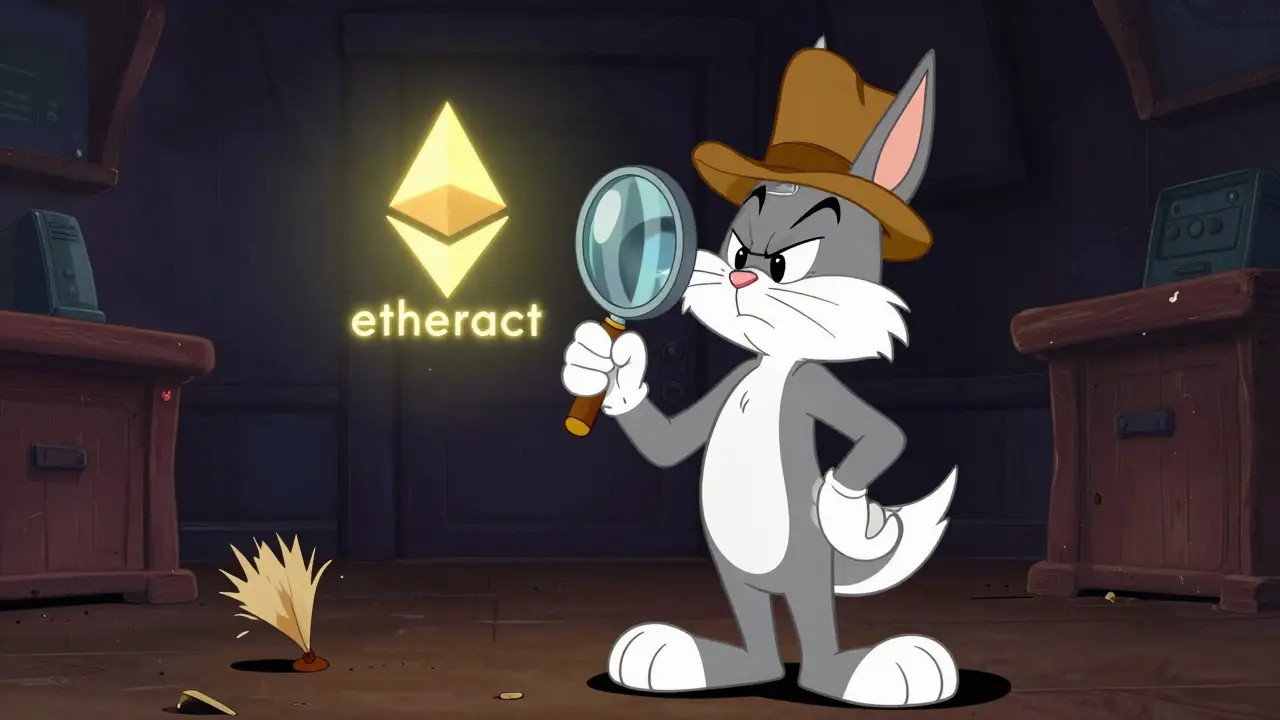 Skeptical cartoon detective examining a glowing digital contract in a quiet room