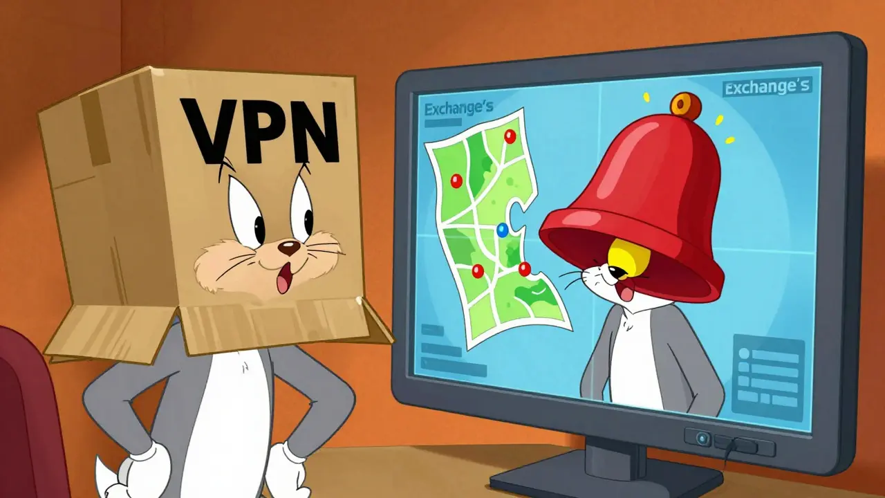 Split screen showing a character hiding under a VPN box and a security screen revealing their real location