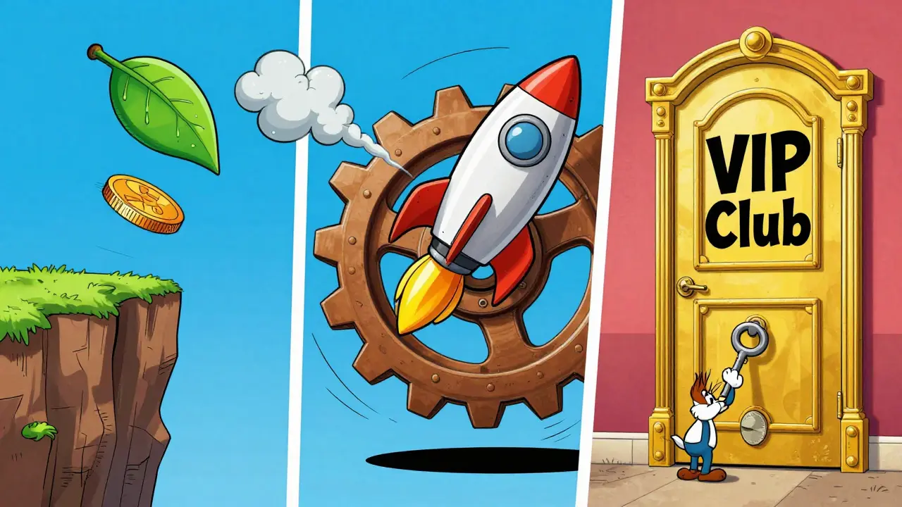 Split screen showing a falling green coin, a stuck rocket coin, and a utility key coin.