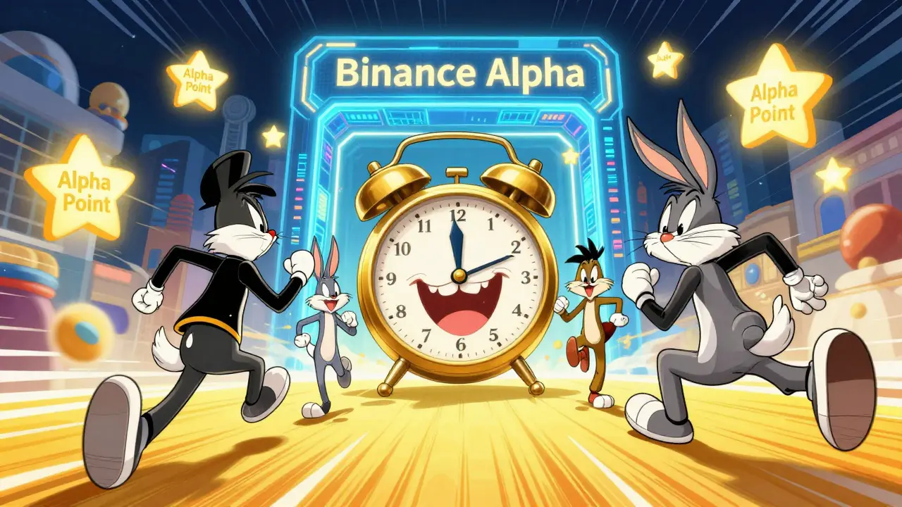 Wacky cartoon characters racing toward a digital portal with a giant ticking clock.