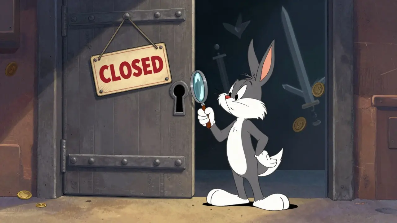 A cartoon character inspects a closed door with a magnifying glass, symbolizing a finished event.