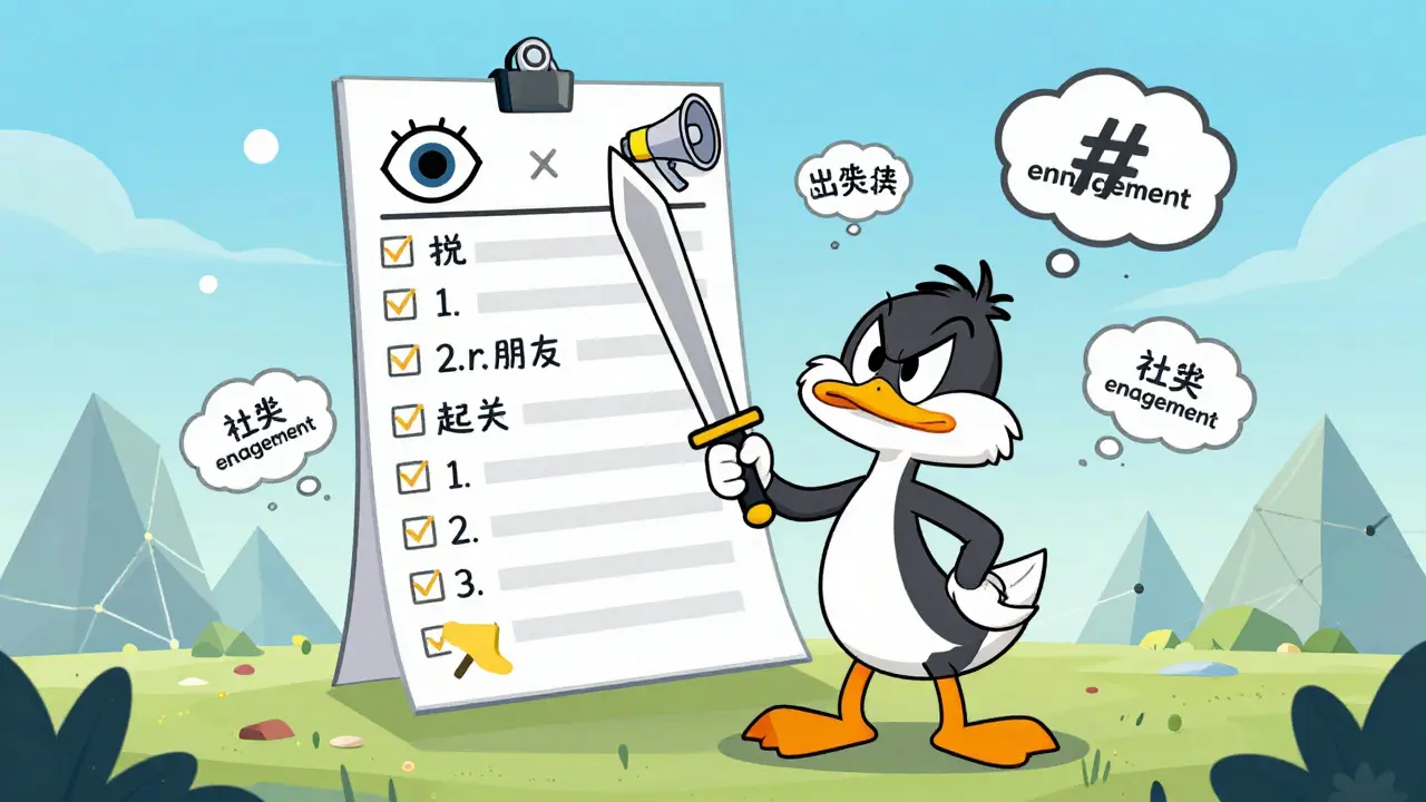 A cartoon duck struggles with a towering checklist of social media tasks for an airdrop.