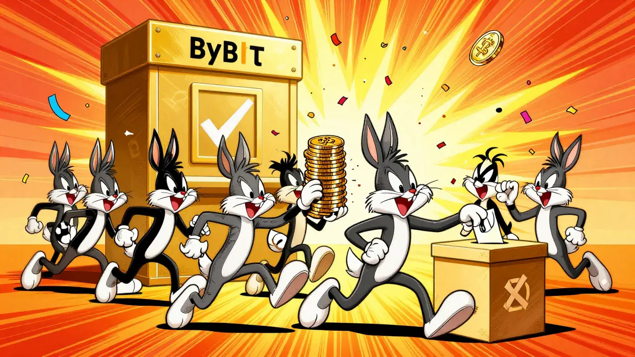 Animated characters rushing to vote and deposit coins for an airdrop reward