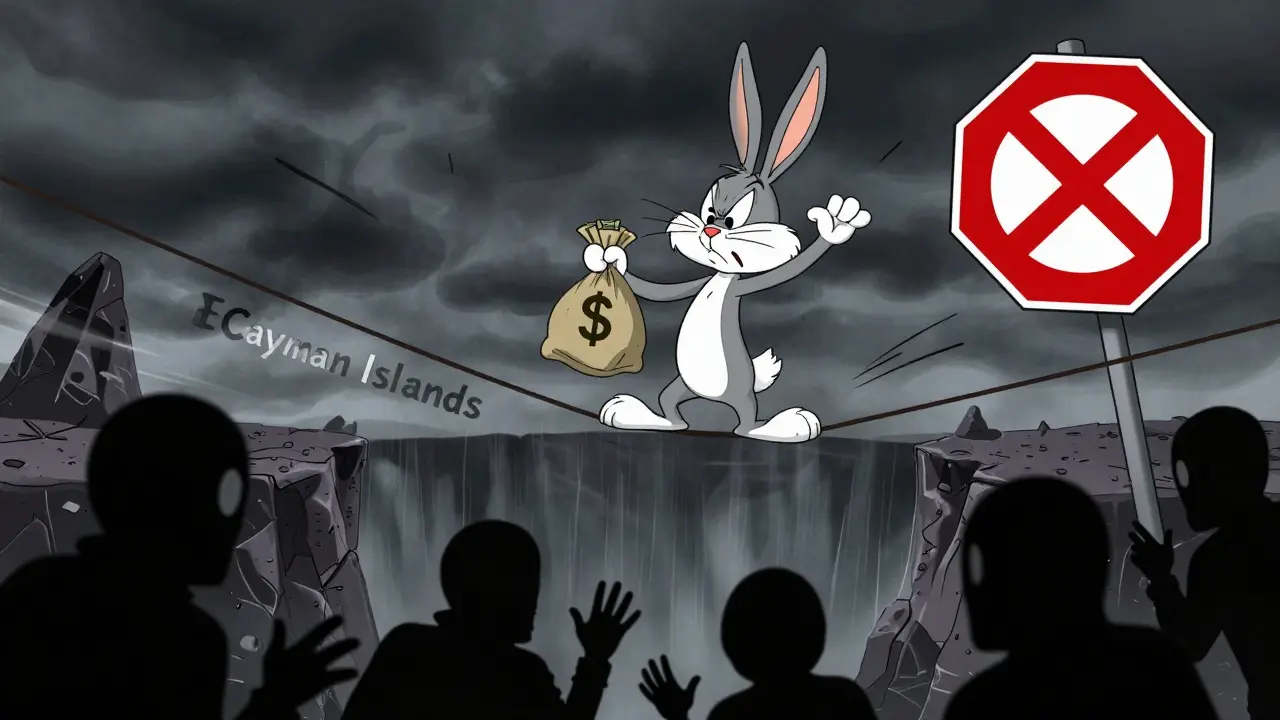 Animated rabbit risking money on a tightrope over a dangerous offshore abyss.