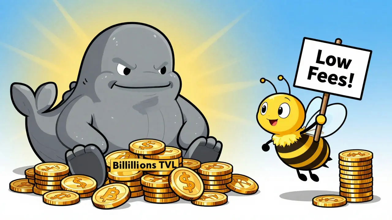 Cartoon bee vs whale comparing low fees to high liquidity volumes