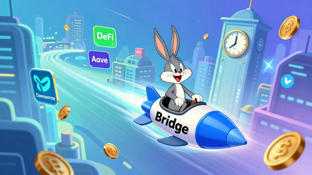 Cartoon character flying through DeFi apps toward 2026 goal