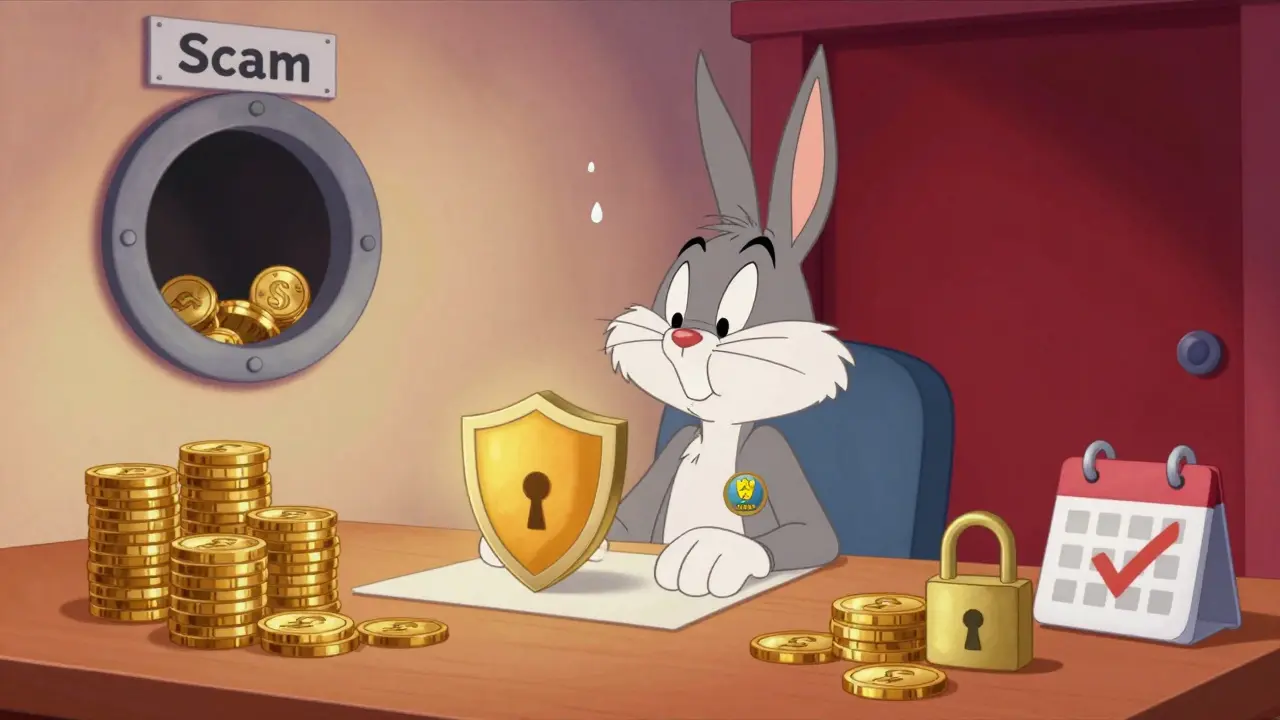 Cartoon character securing assets safely away from scam traps