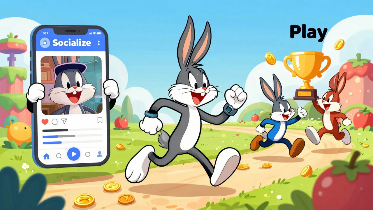 Cartoon characters socializing, running, and playing games to earn rewards