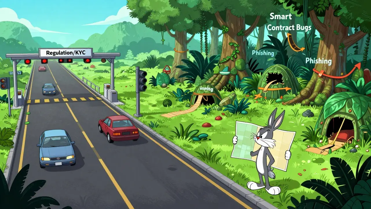 Cartoon depiction of regulated safe paths versus risky unregulated trails in cryptocurrency markets.