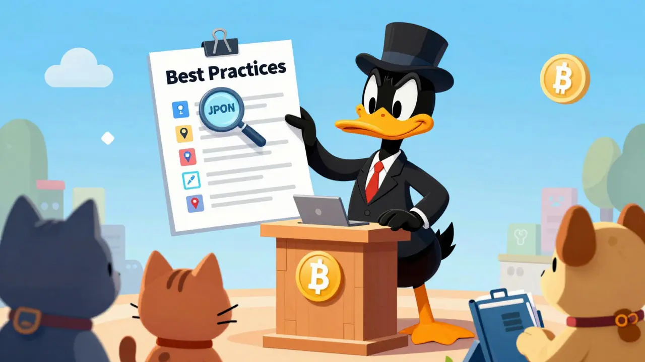 Cartoon duck presenting best practices for secure and standardized NFT metadata structure.