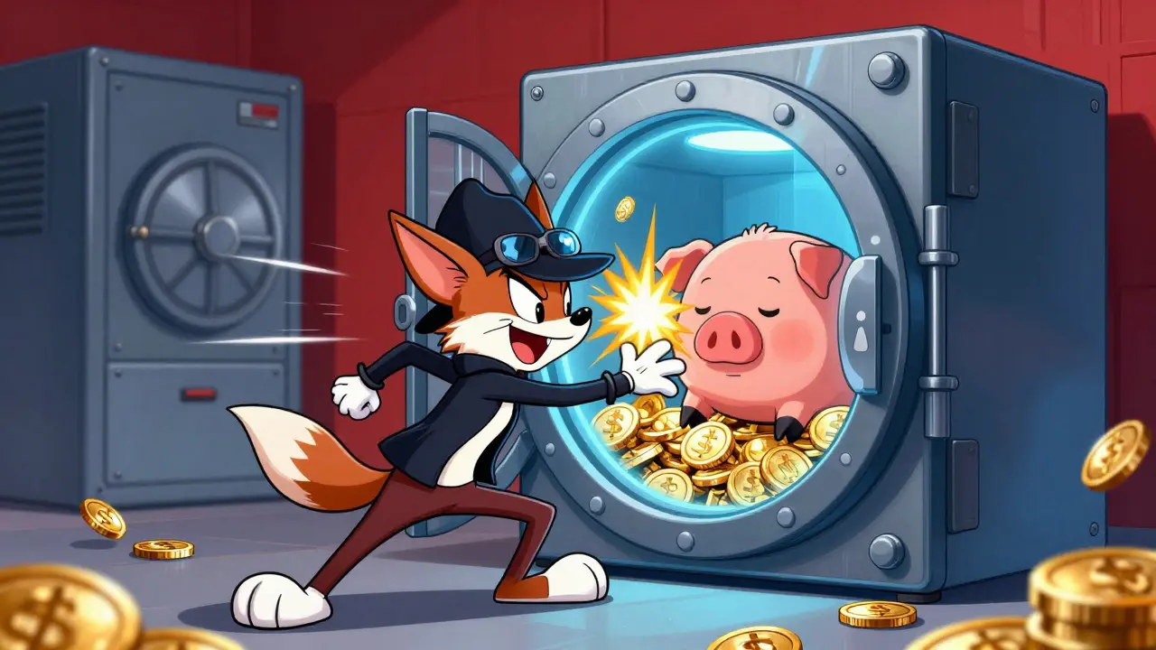 Cartoon hacker blocked by a glowing AI firewall protecting gold coins.