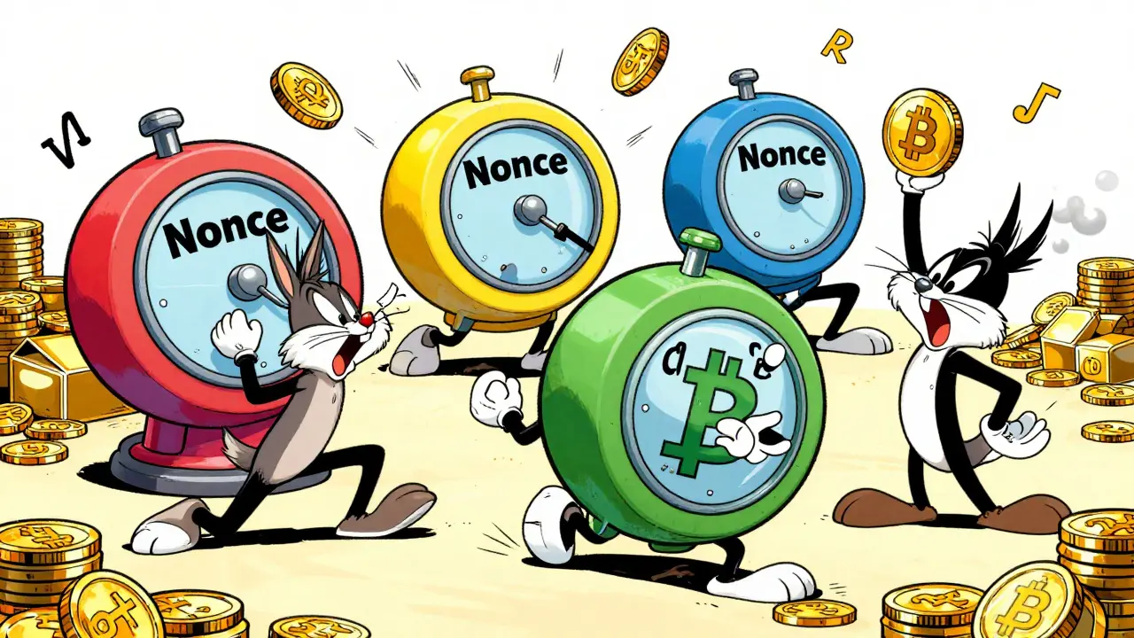 Cartoon miners racing to turn dials for Bitcoin blocks