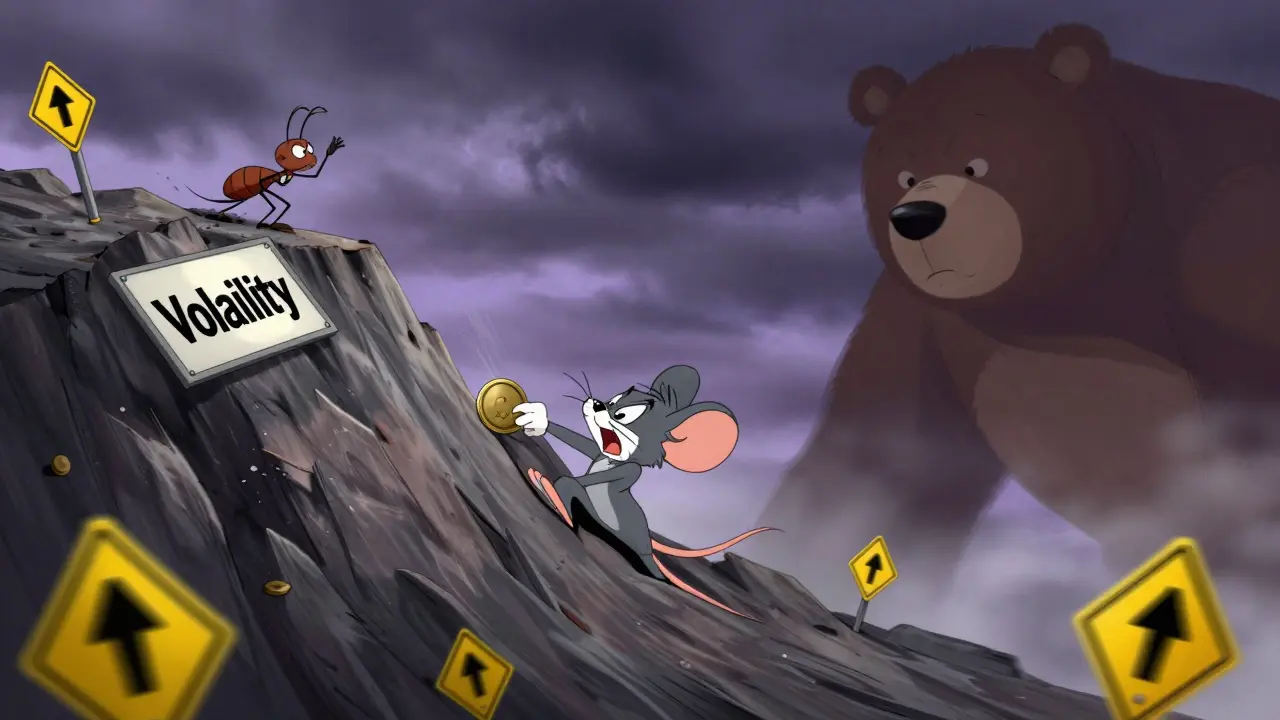 Cartoon mouse sliding down a volatility cliff while a tiny developer watches from above.