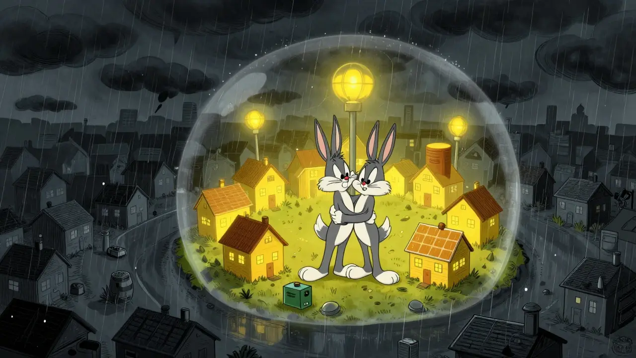 Cartoon neighborhood staying powered during a storm