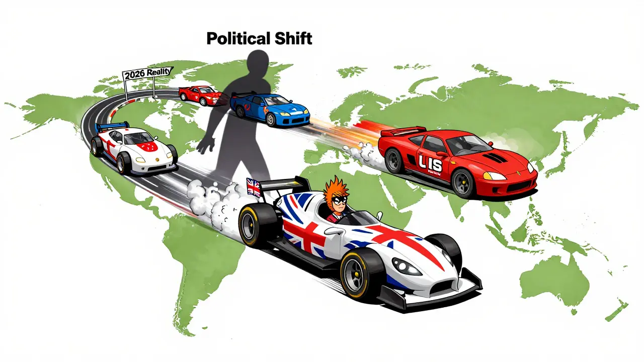 Cartoon race depicting UK's cautious crypto strategy vs global rivals