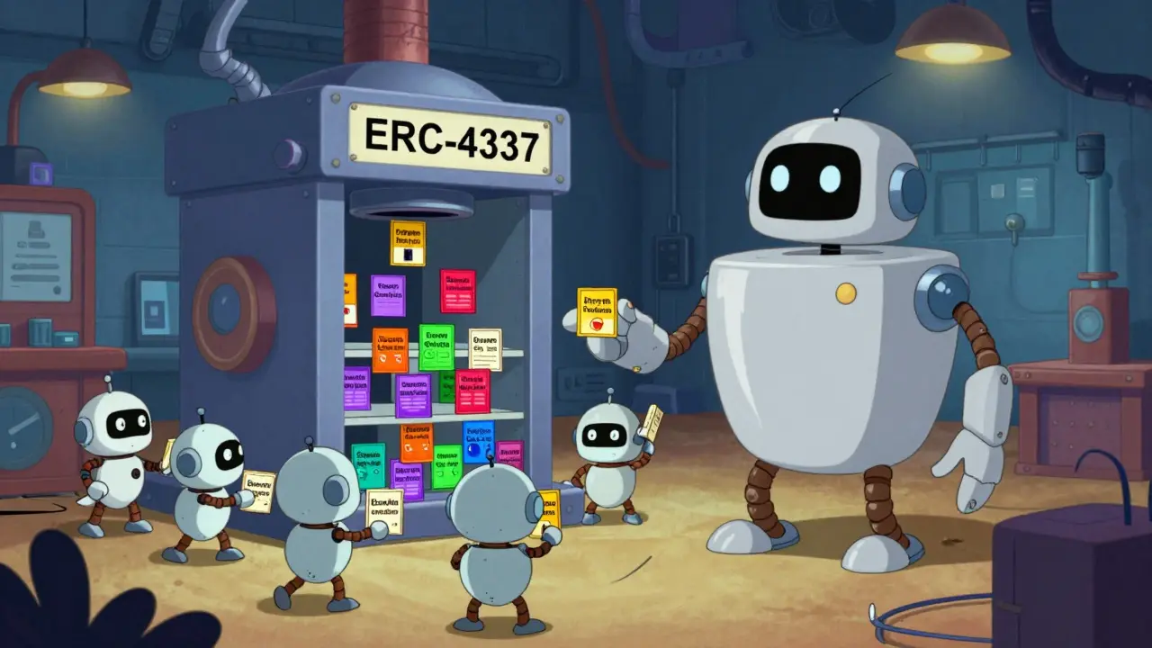 Cartoon robots bundling crypto transactions in an ERC-4337 factory