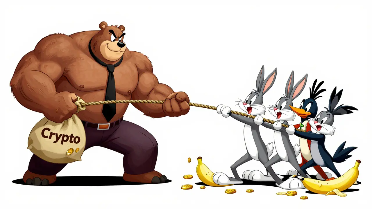 Cartoon tug-of-war illustrating the difference in liquidity and trading power between CEXs and DEXs.