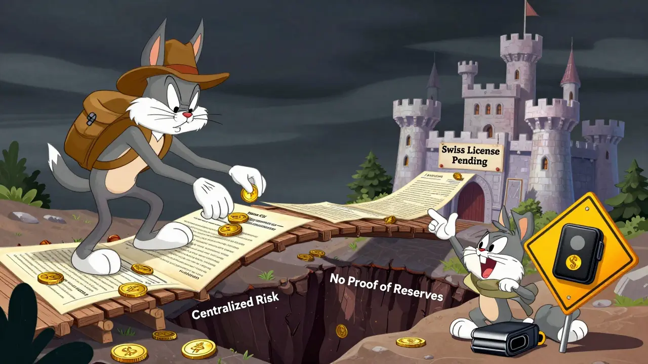 Character crossing a risky bridge toward Swiss licensing approval