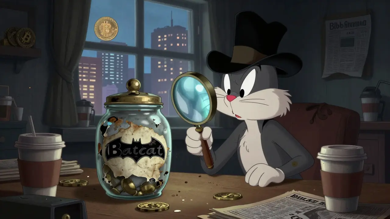 Detective inspecting a dusty, fading Batcat token jar in a dim room