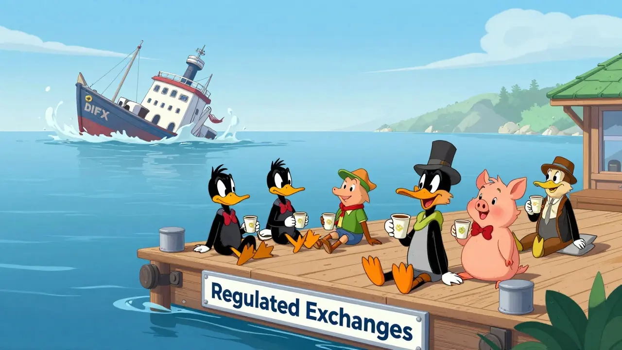 Friendly cartoon characters relaxing safely on a regulated exchange dock.