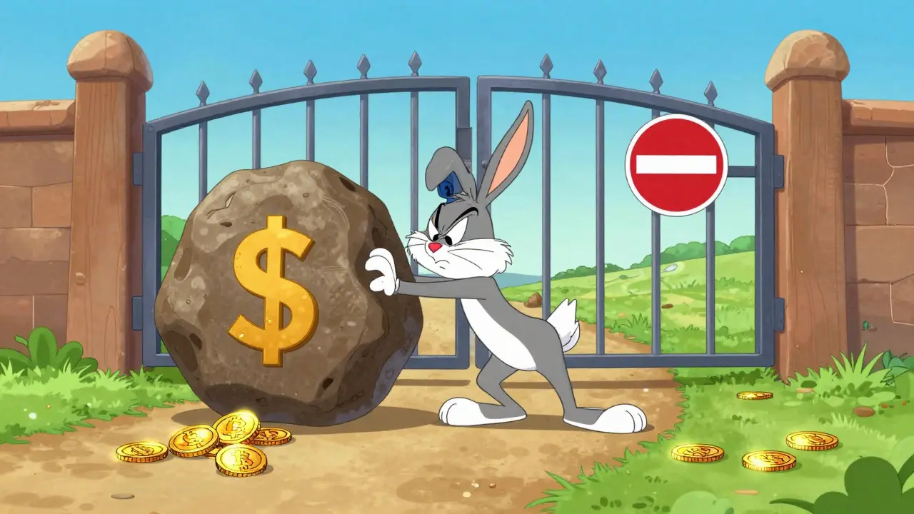 Frustrated cartoon rabbit blocked from fiat deposits in Looney Tunes style