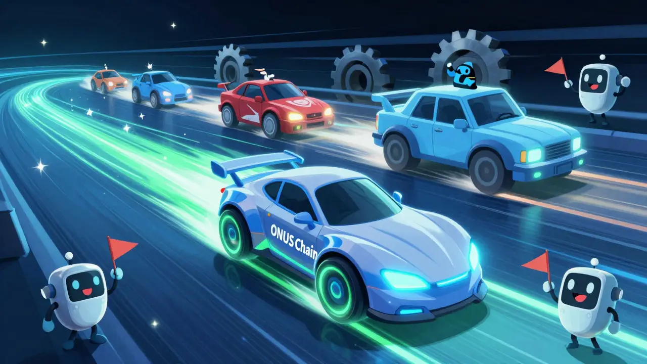 Futuristic car racing on a blockchain track, symbolizing fast transactions.