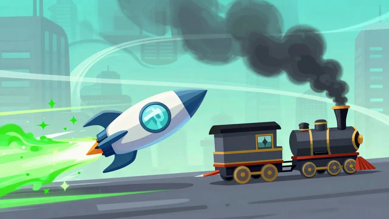 Futuristic rocket racing past slow steam train