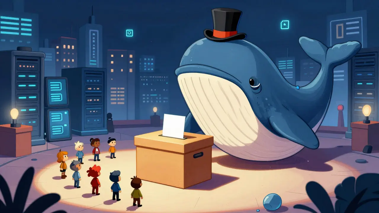 Giant whale token overshadowing small voters in Looney Tunes style