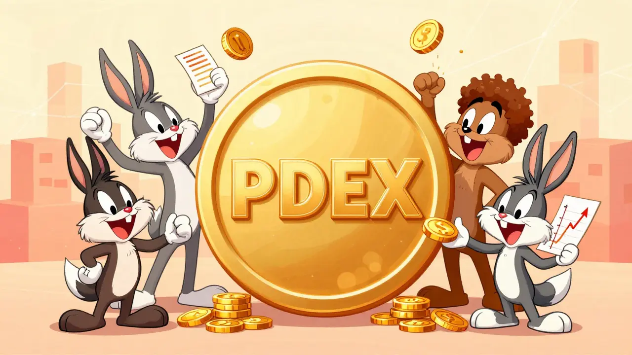 Happy cartoon characters staking PDEX tokens for rewards and governance power