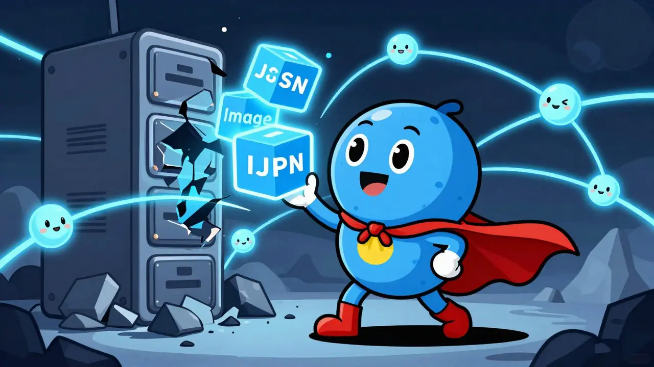 Heroic IPFS planet saving NFT data files from a collapsing traditional server tower.