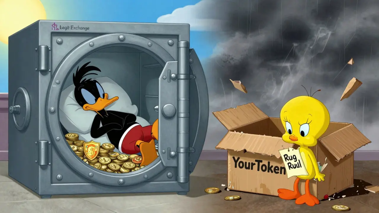 Illustration comparing a secure legit exchange vault to a crumbling YourToken scam box.