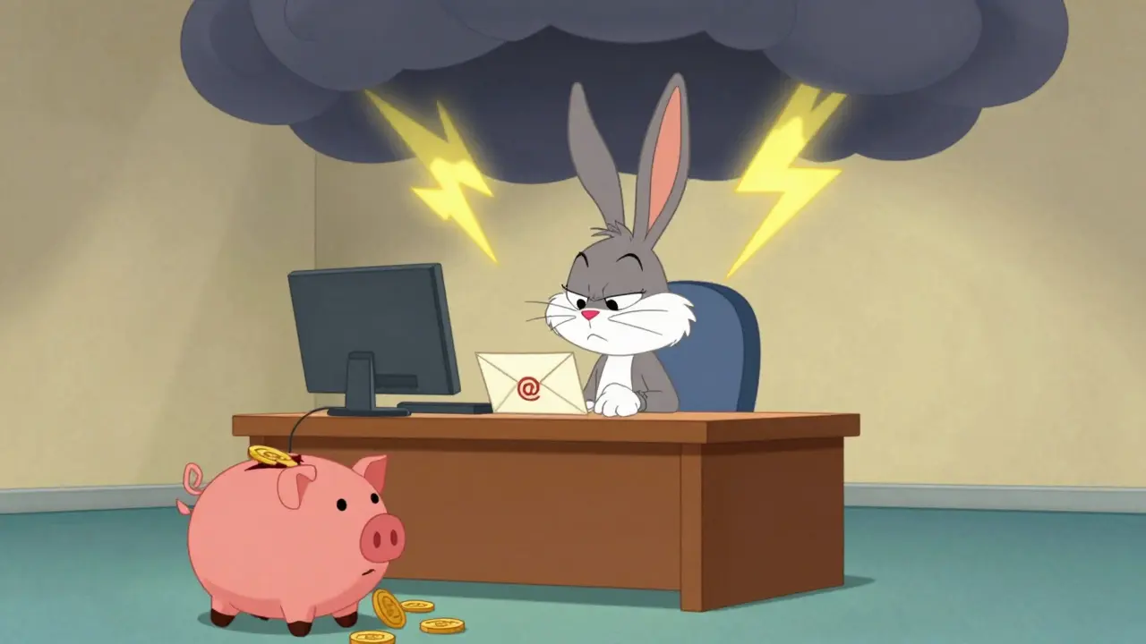 Lonely rabbit waiting for email support under storm cloud