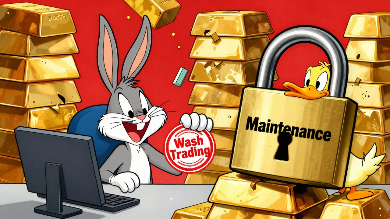 Looney Tunes style scene showing fake liquidity and blocked withdrawals at a scam exchange.
