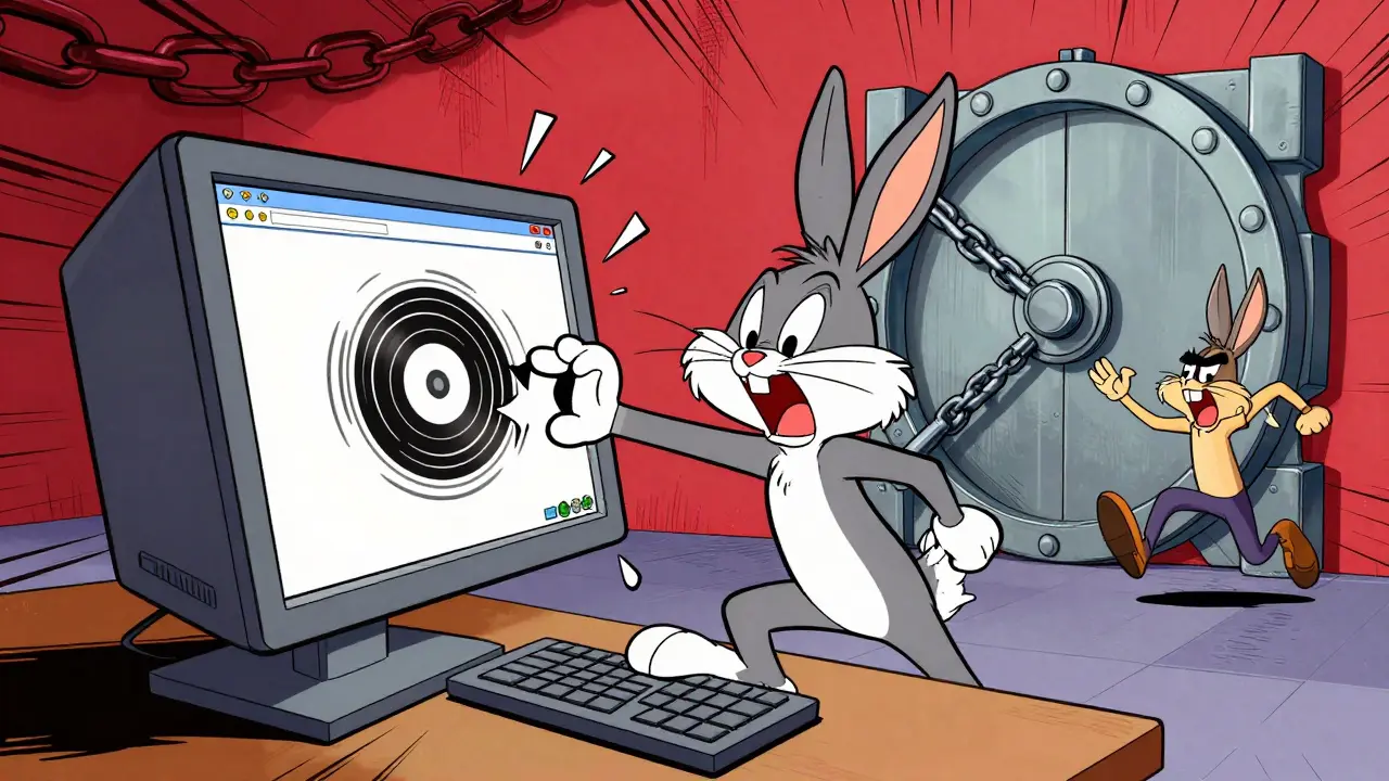 Rabbit struggling with broken computer and locked vault