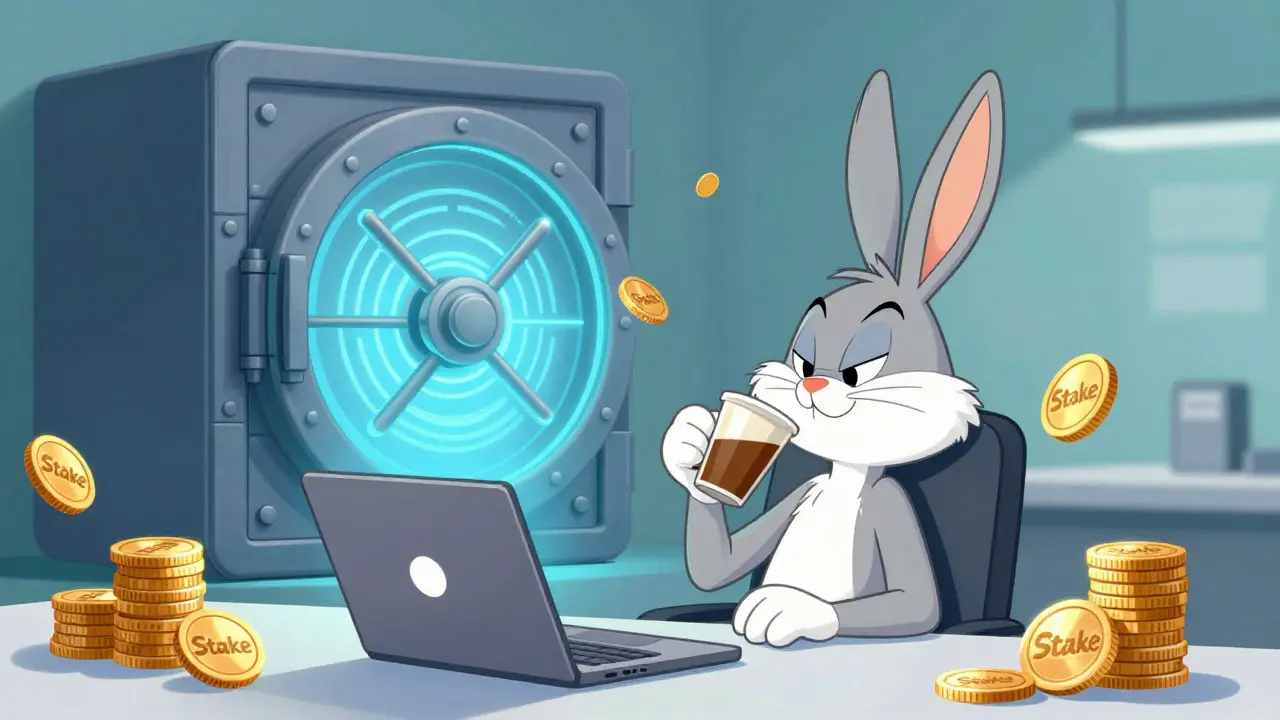 Relaxed validator using laptop with stake coins nearby