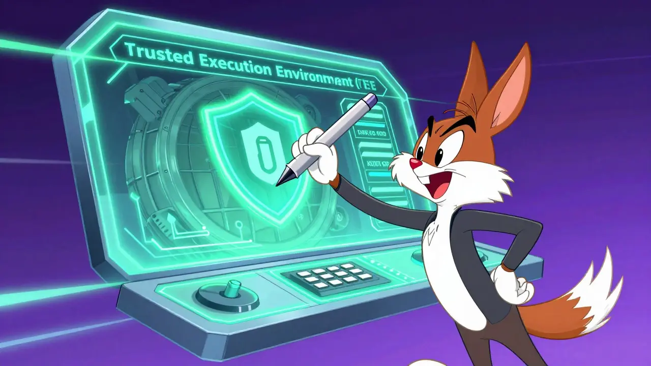 Slick cartoon trader using a secure, high-tech order book interface with TEE vault