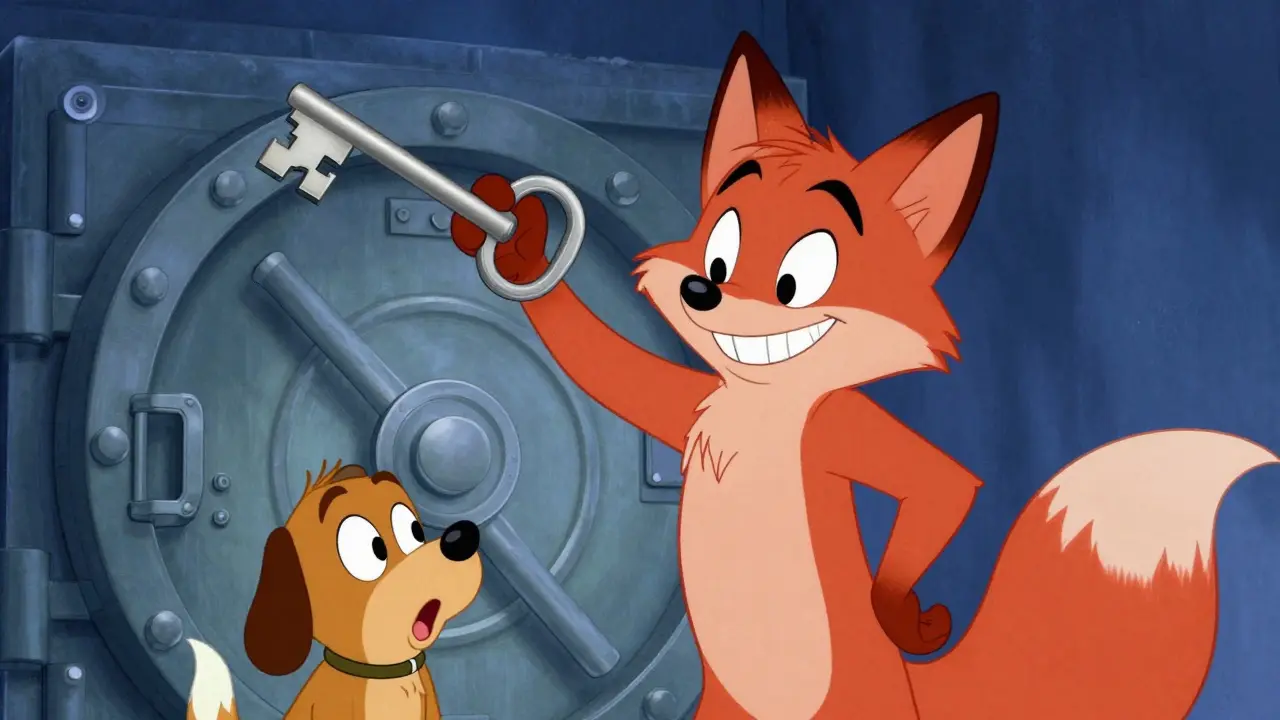 Sneaky fox with oversized key representing high withdrawal fees