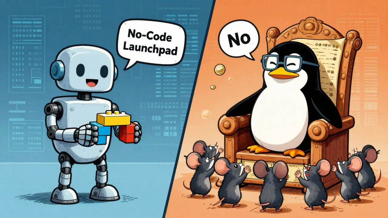Split screen cartoon showing a token builder and a data tracker refusing to give free tokens.