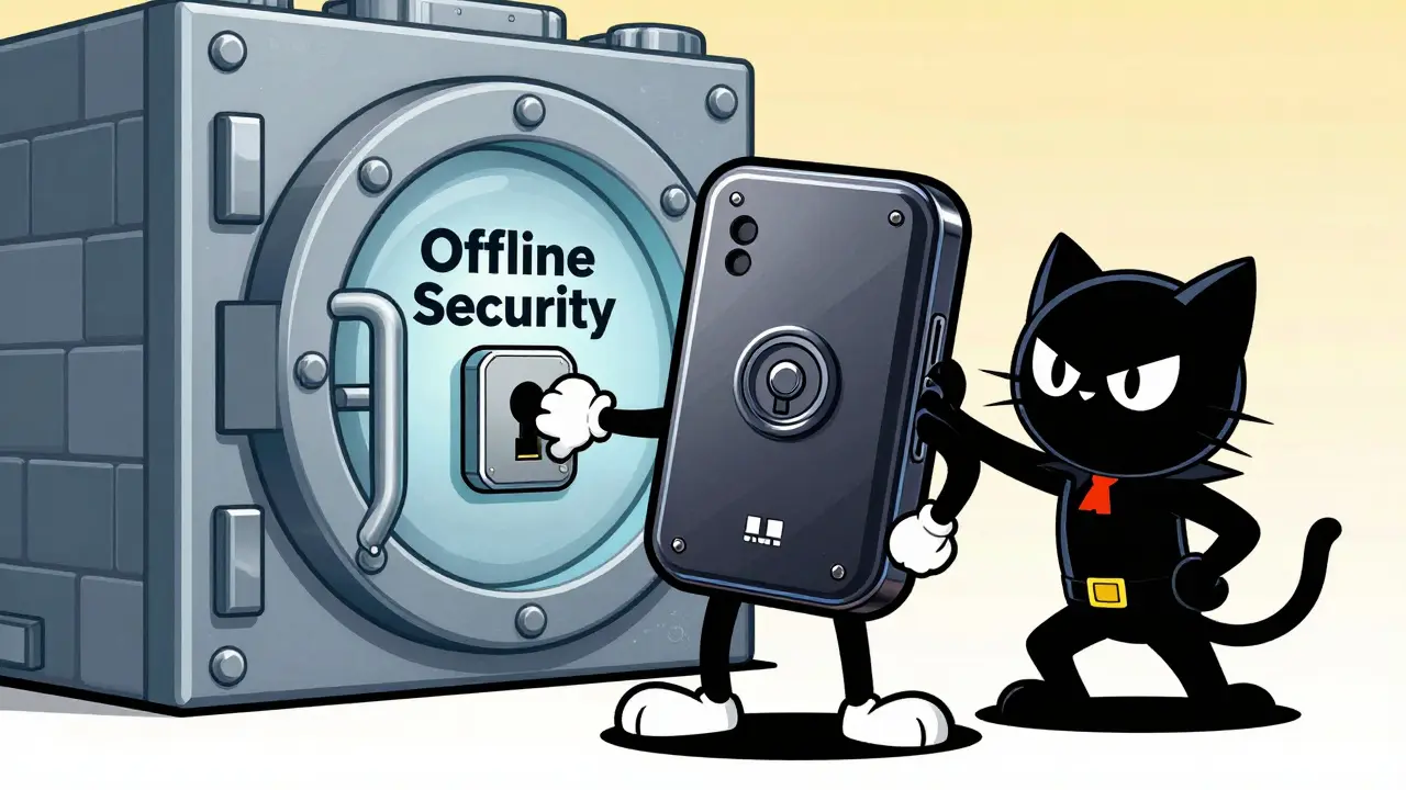 Superhero hardware wallet blocking a hacker cat from a blockchain vault