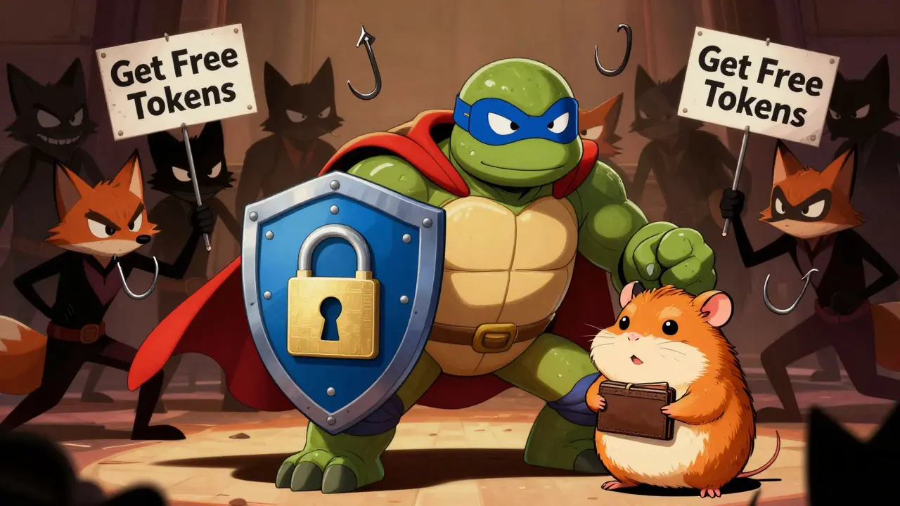 Superhero turtle protecting a hamster's wallet from sneaky scammer foxes.