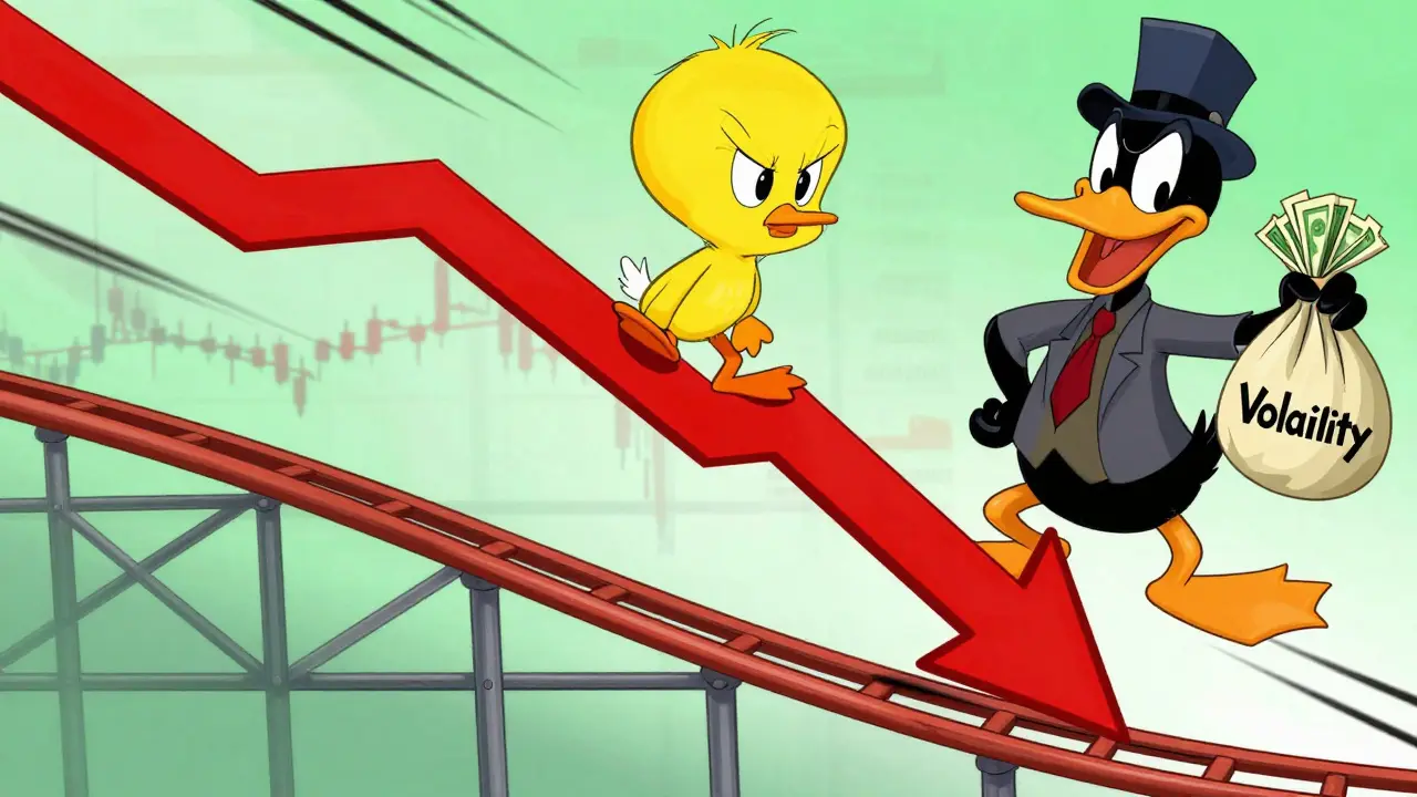 Tweety Bird on a crashing red arrow showing bearish token trends
